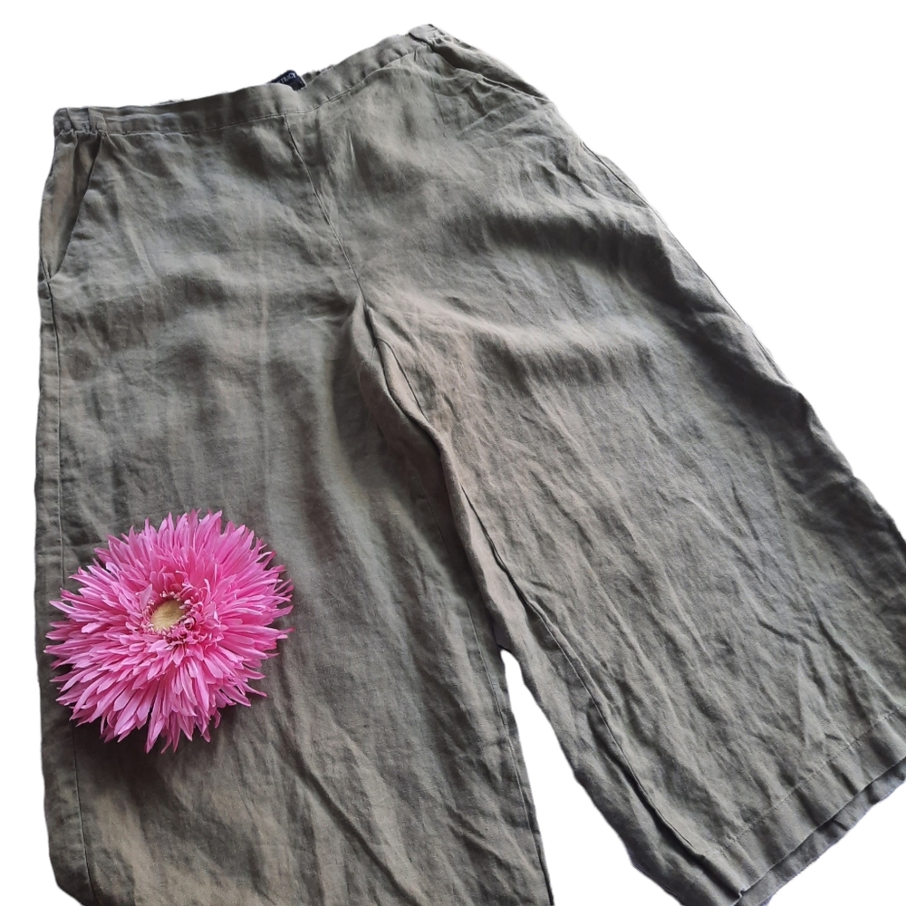 Ellen Tracy Linen Green Wide Leg Cropped Pants